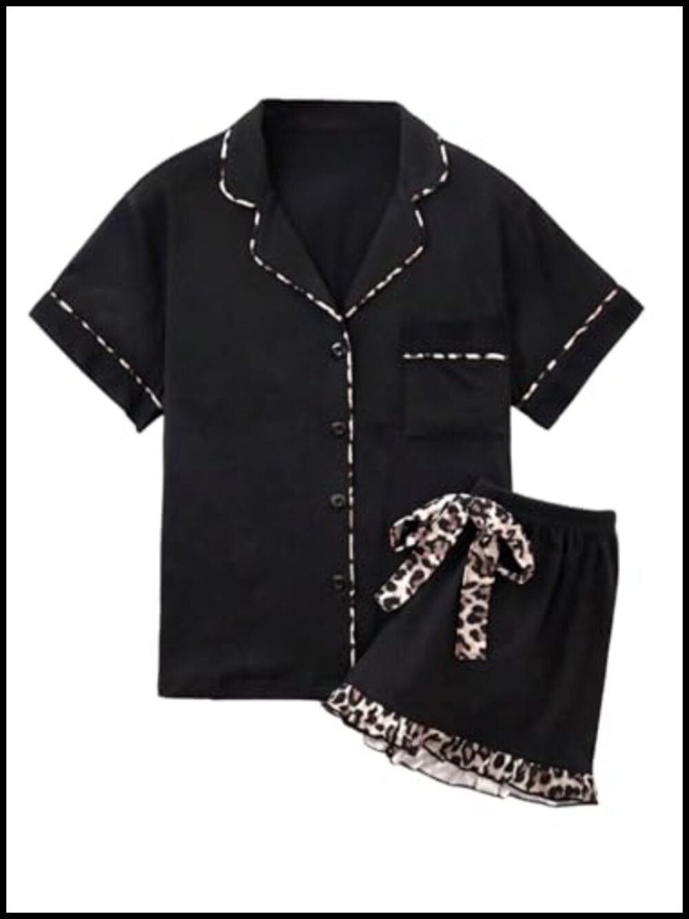 2 Piece Cheetah Print Button Down Pajama Set Ruffle Shorts Lounge Set